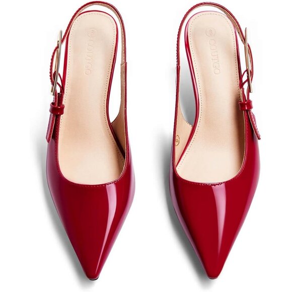 Women's Red Slingback Kitten Heels Closed Pointed Toe Pumps Buckle Strap - Picture 4 of 5